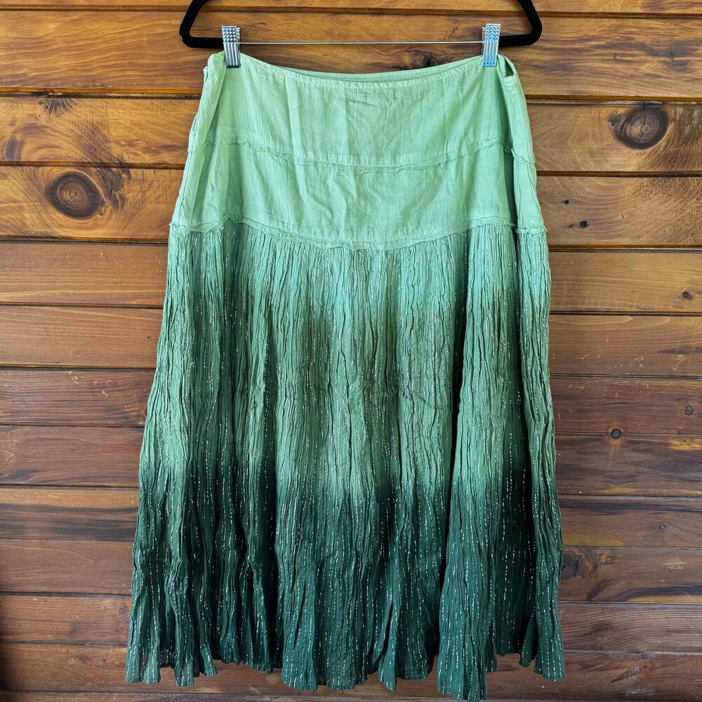 VINTAGE | Y2K Boho Festival Green Ombre India Cotton Lurex Full Maxi Skirt 14